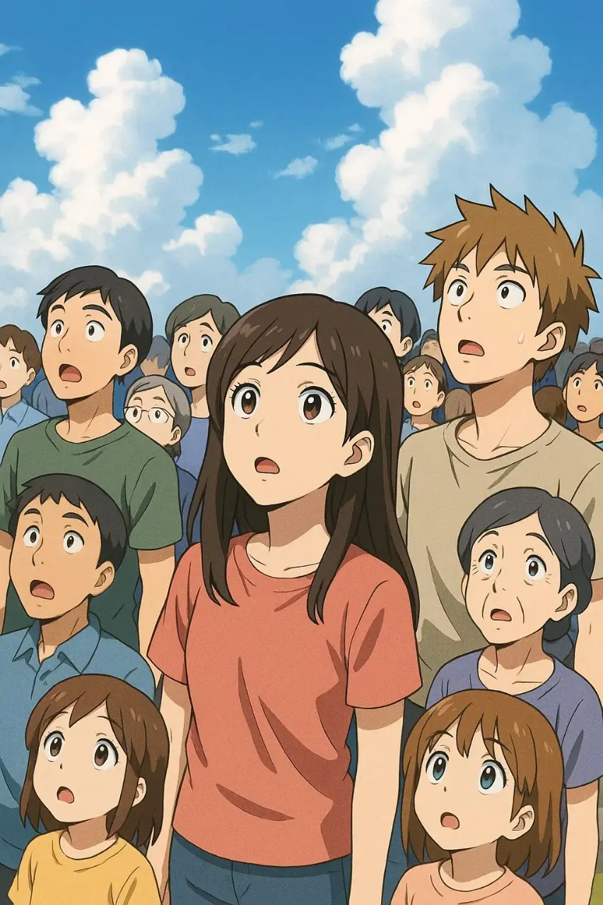 Multitud mirando al cielo con esperanza